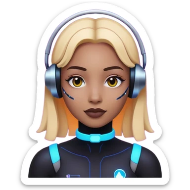 Generate an emoji of "LAINEY," an advanced AI assistant. The background should be dark as deep space and there should be a flat neon grid over the space with Laney's head and face piercing through the grid. Half of her face is human. The other half is digital blending in with the grid. sticker