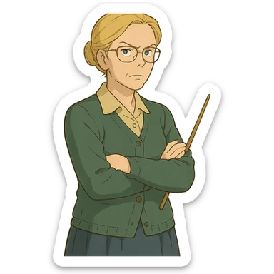 strict and fair senior category math teacher, blonde woman with glasses, ghibli style sticker