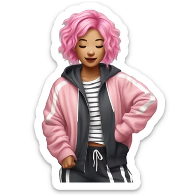 dancing-pink-haired-Asian-girl-oversize-tracksuit- and striped shirt sticker