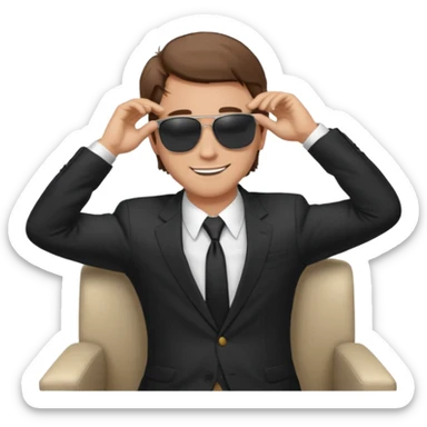a white man, brown hairs, in formal suit wearing sunglasses resting with hands behind head sticker