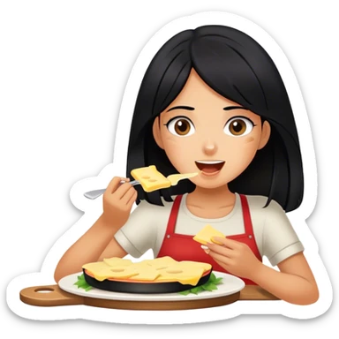 Fille au cheveux noir  bronzer qui mange de la raclette  sticker