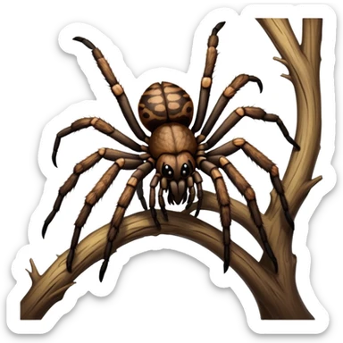 Close-up of a giant hairy tarantula in its natural habitat, with detailed textures of its legs, fangs, and body. The spider is perched on a tree branch, with soft lighting highlighting its features. Transparent background. sticker