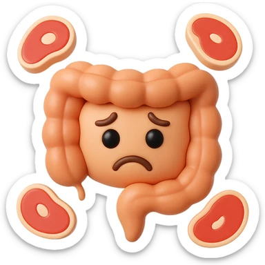emoji stile iphone in 3d di un intestino triste con fette di carne che gli fluttuano intorno sticker