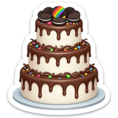 tiered beautiful white wedding cake decorated with oreo cookies rainbow heart sprinkles and chocolate swirls and chocolate icing sticker