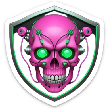 Cyberpunk shield, skull with cybernetic implants, glowing wires, dark electric pink and grenn, black tones, no background sticker