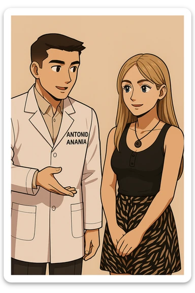 fai un webtoon/manga a colori con questo kinesiologo in camice bianco (fagli la scritta "ANTONIO ANANIA" SUL CAMICE) CHE PARLA CON QUESTA RAGAZZA CON GLI OCCHI AZZURRI. la ragazza gli fa una domanda e IL KINESIOLOGO CON IL CAMICE BIANCO LE risponde. NON FARE I FUMETTI, FAI SOLO LORO COME SE DIALOGASSERO sticker