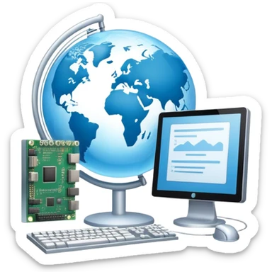 An icon featuring a computer monitor displaying code, a globe with network nodes, and a circuit board, symbolizing IT. The design includes data streams, cloud storage, and a keyboard, representing digital innovation, connectivity, and problem-solving. Transparent background sticker