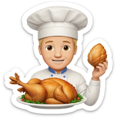 Gordon Ramsay with a big smile, presenting a roast chicken on a plate, chef hat sticker