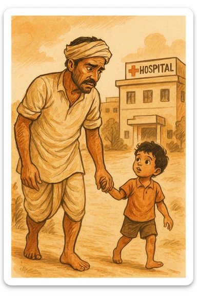 A rural Indian farmer in dhoti, with his young child, approaching a hospital for a health checkup, focus on care and concern, hospital sign visible, expressive illustration sticker