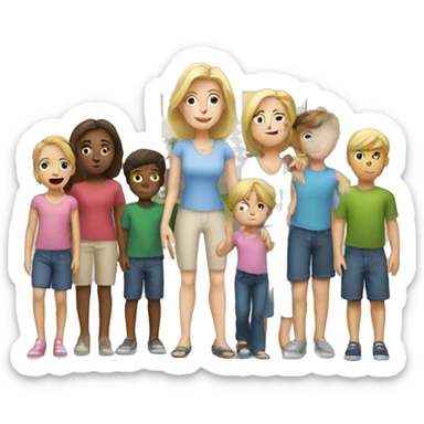 White mom standing in front of house with kids sticker
