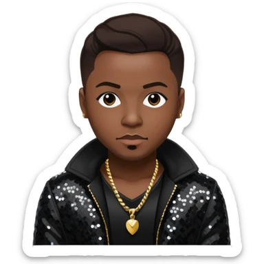 Nokio from Dru Hill with dark brown hair, black sequin outfit, dark skin sticker