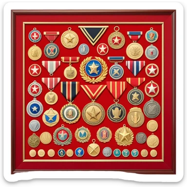 Icon for Collecting Orders, Medals & Badges: a variety of vintage orders, medals and badges, displayed neatly on a big red pennant or in a display case. The icon should reflect the honor and historical significance of these collectible items. Transparent background. sticker