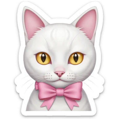 white cat sitting and she has a pink small bow on her right ear,she has golden eyes,she's fully white,even her ears,the only color is the pink small bow on her right ear,the cat is small sticker