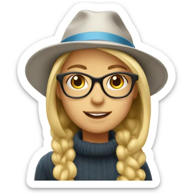 blonde girl with glasses indoors and hat sticker