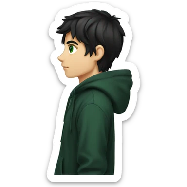 anime boy dark hair dark green eyes in black hoodie side profile side eye sticker