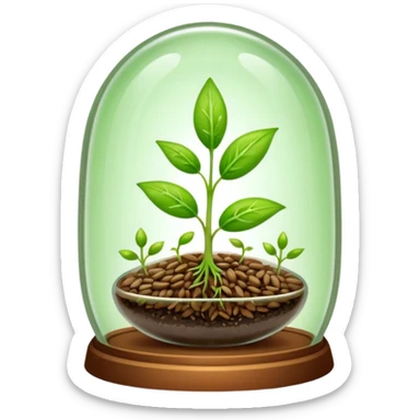 a pile of seeds at the right side and a germinating seed under a glass dome at the right side . Transparent background sticker