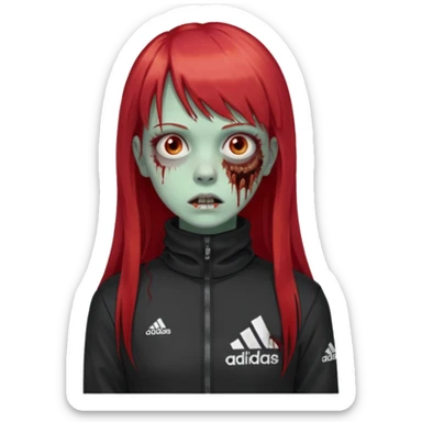 Crie um emoji de uma menina zumbi  com o cabelo vermelho longo com uma franja reta casaco de gola alta da adidas sticker