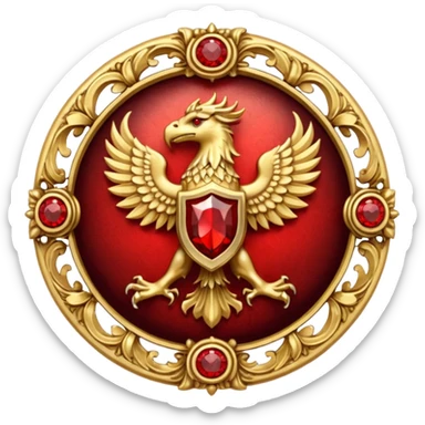 Golden griffin crest / brosch in a circle with 2 red gems and no background sticker
