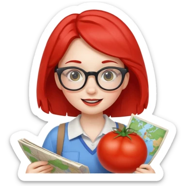 nerdy girl tomato character holding a map, with glasses, long eyelashes, cheerful expression sticker