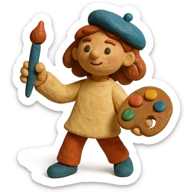girl artist character holding a paintbrush and palette in a creative pose sticker
