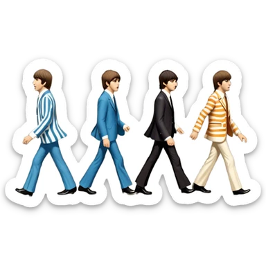 Cinematic Realistic The Beatles Abbey Road Scene Emoji, depicting the legendary band of four crossing the iconic zebra-striped street in their classic outfits, exuding effortless charisma and musical legacy. The scene is bathed in warm, nostalgic lighting with rich textures that capture the essence of 1960s rock history. sticker