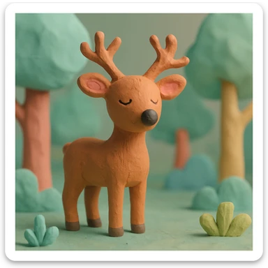 deer standing in a forest, pastel colors, visible fingerprints, playful and textured, claymation style sticker