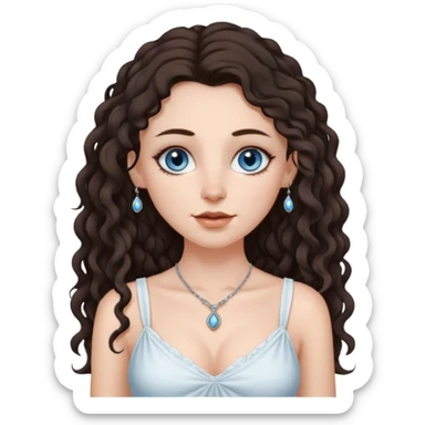 white girl, dark brown long slightly curly hair , skinni but with big breast , septum piercing on nose, beautiful dark gray-blue eyes, in white dress sticker