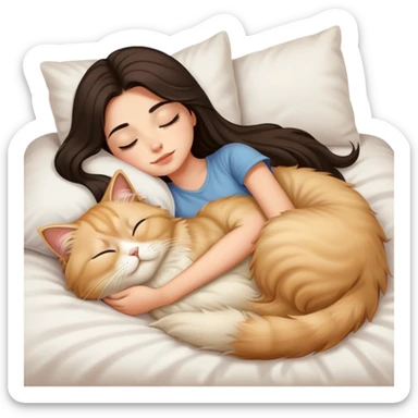 pretty girl with dark long hair sleeping with blonde fluffy  persian cat in bed sticker