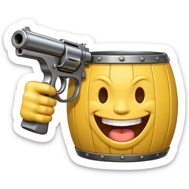 Yellow laughing face pointing gun at its own mount. The barrel of the gun is pointed towards the smile into the mouth. The back of the gun faces the viewer sticker