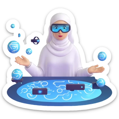 computer engineer with white hijab wearing AR glasses or VR headset, immersed in augmented reality, surrounded by floating metaverse elements, digital codes, virtual machines, tech graphics sticker