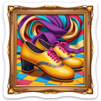 Humanless Icon for Folk Dance: traditional folk dance shoes, a colorful scarf, and a vibrant dance floor. The icon should capture the energy and cultural richness of folk dancing, with emphasis on movement, rhythm, and traditional attire. Transparent background. sticker