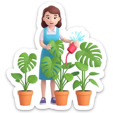 woman watering her monstera plant sticker