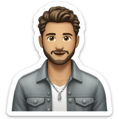 The guy is 23 years old, Alexander, hairstyle on the side, short beard, brown eyes, dressed in an unbuttoned shirt and jacket, silver chain on the neck sticker