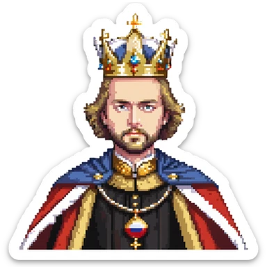 Russian Tsar in imperial regalia, gold crown, royal cape, stern expression sticker