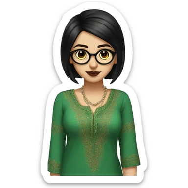 White girl in a green kurta with flower design, glasses, alot of piercing, gay, red lips, nose ring, full body, short straight black edgar hair, black straight hair sticker