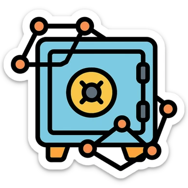 clean modern icon for a loan protocol, stylized vault safe with digital network overlay, symbolizing security decentralized finance sticker