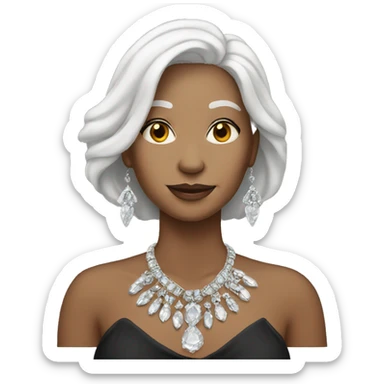 white-haired woman with jewelry sticker
