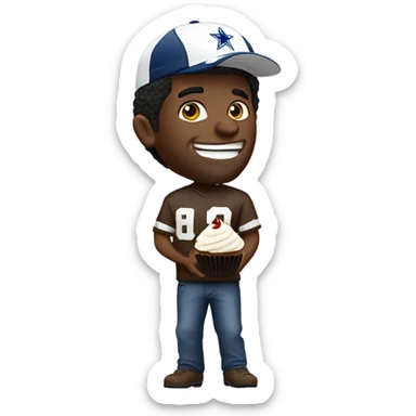 white guy with dark hair wearing a cowboys football hat while holding a cupcake with a grimacing grin on his face sticker