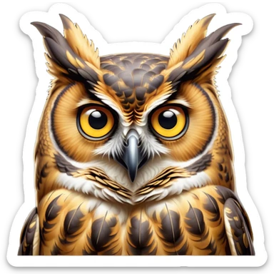 Cinematic Comical Great Horned Owl Portrait Emoji, Head tilted dramatically with an exaggeratedly amused expression, featuring a strikingly patterned mottled plumage with bold contrasts, wide, expressive golden eyes filled with playful disbelief, Simplified yet hilariously expressive features, highly detailed, glowing with a slightly sassy glow, high shine, dramatic yet playful, stylized with an air of cheeky nocturnal mischief, bright and endearing, soft glowing outline, capturing the essence of a spirited and over-the-top owl, so meme-worthy it feels like it could hoot its way into internet fame instantly! sticker