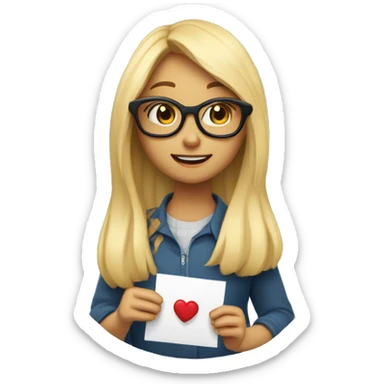 A blond girl with long hair and with glasses holding a heart enveloppe in her hand and pulling a letter that says ‘im sorry tony’ sticker