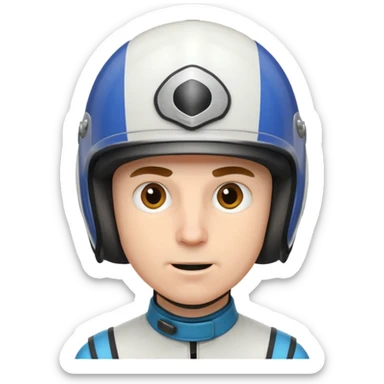 white male racer in helmet, crazy look sticker