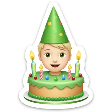child celebrating birthday, green party hat, green decorations on a small cake, joyful expression sticker