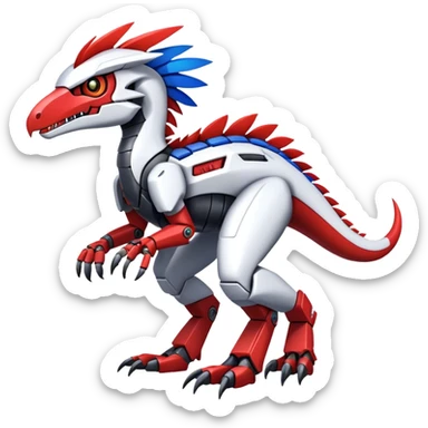 Furry feather-mane Cool Edgy Futuristic shiny colorful Digimon-Fakemon-Guilmon-Velociraptor-Mecha full body   sticker