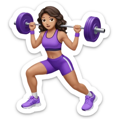 mujer de tez trigueña, con cabello castaño oscuro ondulado con pequeñas ondas, con el cabello super largo hasta las rodillas estilizado, con ropa deportiva morada/lila, tenis blancos deportivos y levantando una pesa sticker