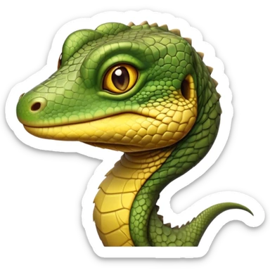 cinematic-realistic-cute-monitor-lizard-portrait-emoji,-head-tilted-playfully-and-inquisitively,-featuring-a-compact,-agile-body-with-finely-detailed,-glossy-scales-in-earthy-olive-hues-and-a-distinct,-alert-face-with-bright,-curious-eyes, yellow and dark green sticker