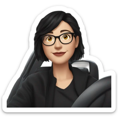 middle-age-lean-white-girl,no-facial-hair,-with-black-hair-&-glasses-wearing-black-Tesla-T-shirt,-inside-black-tesla-model-3, at the wheel, front view sticker