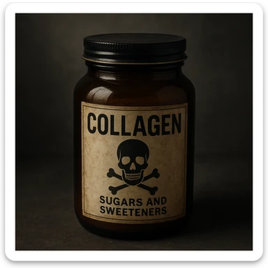 realistic collagen jar seen as poison, label with sugars and sweeteners, skull or toxic symbol, threatening atmosphere, neutral background sticker