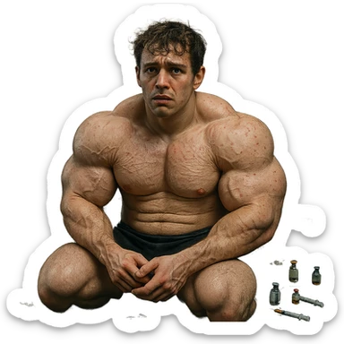 realistic young inexperienced bodybuilder with swollen disproportionate muscles, skin marked by stretch marks and acne, desperate expression, messy gym, scattered vials and syringes, cold dramatic light, isolated on white background, 4K quality sticker