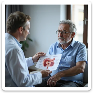 clinical scene of a doctor explaining to an adult patient a diagram with pancreas and blood glucose, prevention atmosphere, Italian text 'Prevenzione e gestione del diabete di tipo 2', 4K quality sticker