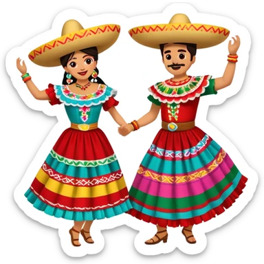 Cinematic Realistic scene of two performers dancing the Jarabe Tapatío, dressed in colorful traditional Mexican costumes with intricate embroidery, captured in energetic, festive motion with vibrant, celebratory lighting sticker
